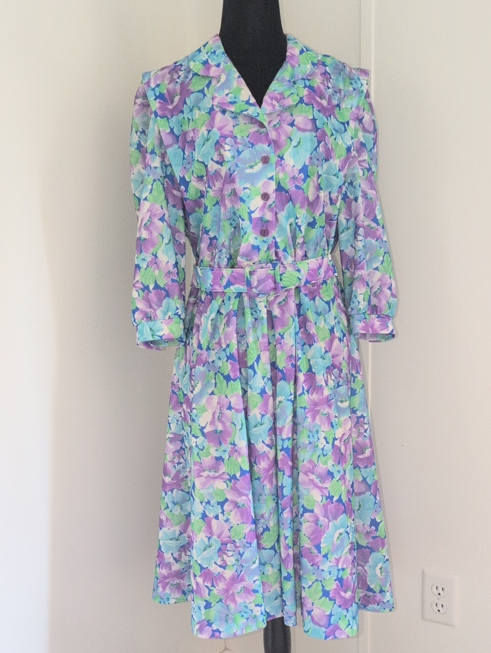 Vintage Floral ButtonFront Belted Midi Dress Purple Aqua Green 70s